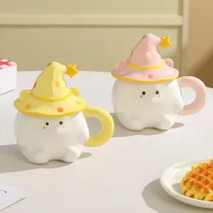 Cute ceramic coffee mug set with wizard hat lid, creative cartoon elf water cup for gifts.