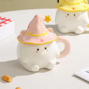 Cute ceramic coffee mug with pink wizard hat lid, creative elf design water cup for gift.