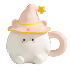 Cute ceramic coffee mug with wizard hat lid, creative ghost elf design for daily home office use.