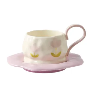 Handgeschilderde tulp keramische kop en schotel set, schattig koffiekopje cadeau voor dames.