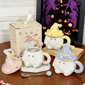 Creative Elf Ceramic Coffee Mug With Witch Hat Lid Cute Halloween Water Cup Novelty Drinkware Gift For Women