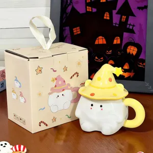 Cute ghost ceramic mug with wizard hat lid, Halloween coffee cup and gift box set for party.