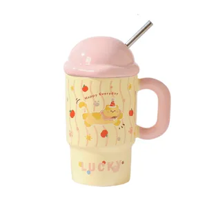 Cute ceramic mug with lid and straw, cartoon cat design, large capacity for daily use.