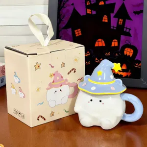 Cute Halloween Ghost Ceramic Mug with Wizard Hat Lid and Gift Box, Creative Coffee Cup