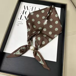 Retro brown green dot printed silk scarf with pearl buckle elegant women neckerchief