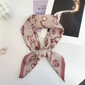 Retro French Bow Print Velvet Small Square Scarf Elegant Women Versatile Neck Scarf