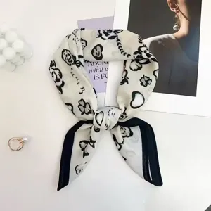Vintage French bow printed velvet small square scarf elegant neck scarf versatile women