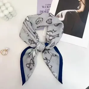 Retro French bow print silk square scarf women elegant versatile stylish neckerchief hair band