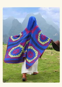 Retro ethnic style hooded shawl for travel, vintage geometric printed cloak and photo poncho.