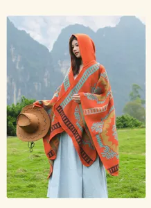 Ethnic knit poncho retro tribal cape for travel photography outdoor wear style.
