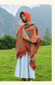 Retro ethnic style hooded poncho for women, vintage tribal pattern travel cloak outdoor.