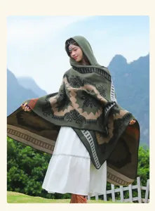Retro ethnic style hooded poncho shawl for travel outdoor photography and daily wear.