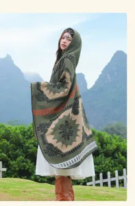 Detailed view of retro ethnic hooded shawl, perfect for travel and outdoor photography.