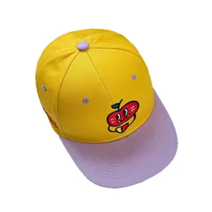 Colorful yellow and purple flat brim baseball cap with cute cartoon apple embroidery.