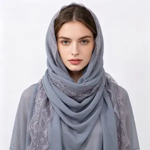 Detailed view of the women chiffon eyelash lace hijab scarf in elegant grey blue.