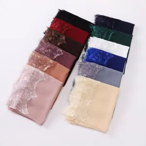 Chiffon lace hijab scarf detail, lightweight breathable soft long head wrap multi color options.