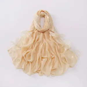 Elegant chiffon hijab scarf with delicate eyelash lace trim, lightweight breathable long wrap.