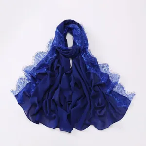 Blue chiffon lace scarf for women, lightweight breathable hijab with elegant eyelash trim.
