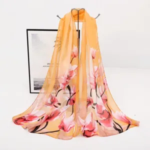 Eleganter langer Schal aus orangefarbenem Chiffon mit rosa Blumendruck für Damen