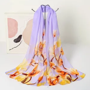 Eleganter langer Chiffon-Schal mit lila und orangem Tulpenmuster, ideal für den Frühling.