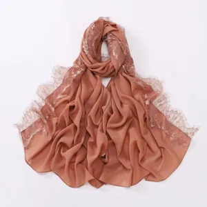 Chiffon hijab scarf with delicate eyelash lace trim, lightweight, breathable and elegant.