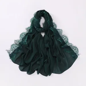 Dark green chiffon scarf detail, delicate lace eyelash edge, lightweight and soft texture.