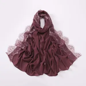 Wine red chiffon hijab with delicate eyelash lace trim, lightweight breathable long scarf.