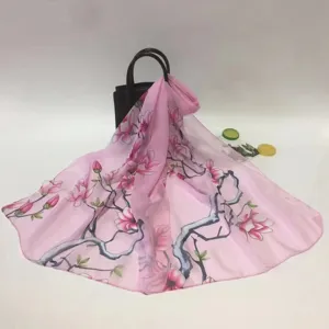 Rosa Chiffon Schal Blumenmuster Sommer Sonnenschutz langer Schal elegante Drapierung Detail
