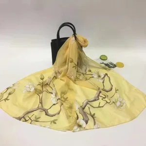 Damen gelber Chiffon Blumenmuster langer Schal vielseitiger Strand Sonnenschutz