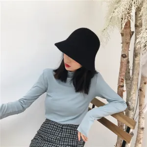 Zwarte wollen bucket hat voor vrouwen, herfst winter Koreaanse stijl warme vissershoed.