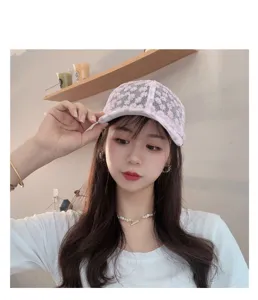 Detail view of women spring summer sweet daisy embroidered lace breathable mesh cap