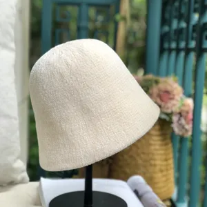 Beige knitted bucket hat for women, casual dome small brim fisherman hat, autumn winter style