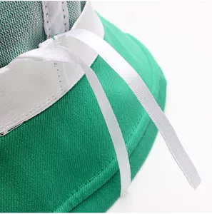 Green bucket hat detail view, featuring white ribbon strap and mesh design, casual sun protection.