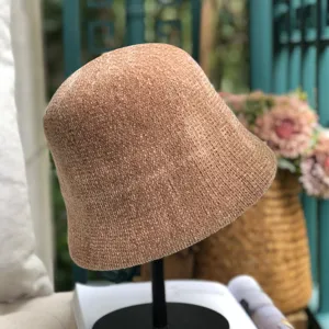 Brown knitted bucket hat for women, casual autumn and winter domed small brim sun hat.