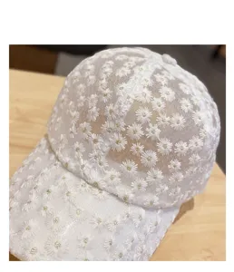 White embroidered daisy mesh baseball cap, sweet floral sun hat for women spring summer.