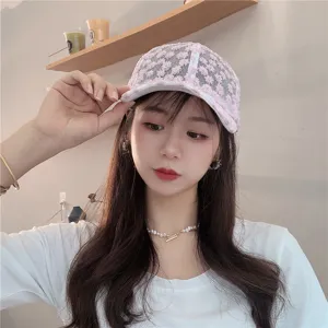 Sweet floral mesh baseball cap for women, breathable lace summer sun hat stylish design.