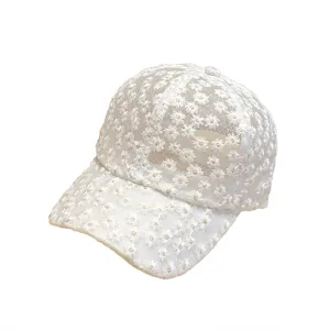 White lace baseball cap for women with cute daisy embroidery, breathable mesh sun hat.