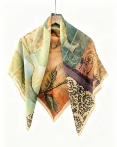 Vintage artistic print square scarf detail, retro floral botanical patchwork pattern for women.