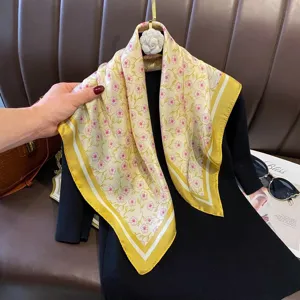 Elegant vintage floral square scarf with yellow border for women, perfect for suits and shirts.