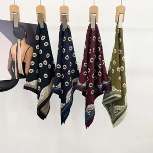 Spring summer retro floral velvet small square scarf elegant neckerchief for women detail view hanging