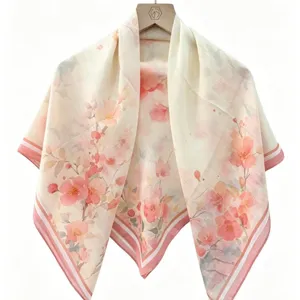 Elegant floral square silk scarf for women, spring summer vintage style lightweight shawl wrap.