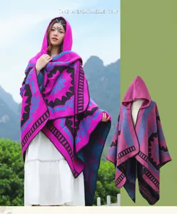 Retro ethnic style hooded poncho cloak, vibrant geometric pattern for travel daily wear.
