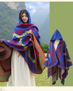 Ethnic style hooded poncho cape detail with geometric pattern, great for outdoor travel wear.