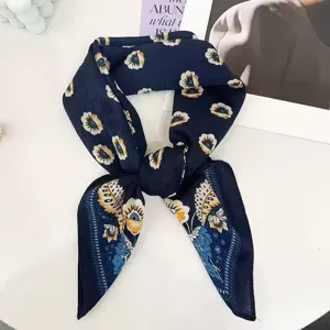 French vintage floral print small square scarf silk satin chic neckerchief for women.