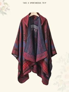 Retro ethnic hooded shawl, red and blue contrast color geometric pattern cloak for travel wear.