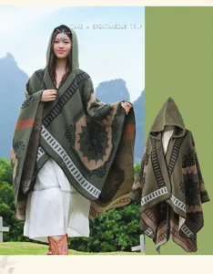 Detailed view of retro ethnic hooded cape, perfect for outdoor travel photography and styling.