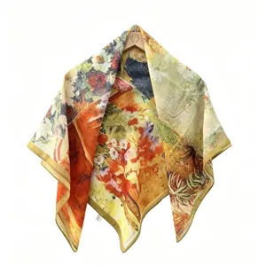 Vintage oil painting floral square scarf elegant artistic neckerchief soft women accessory