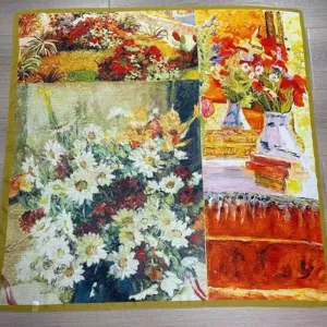 Close-up detail of vintage oil painting style floral square scarf showing artistic print pattern.