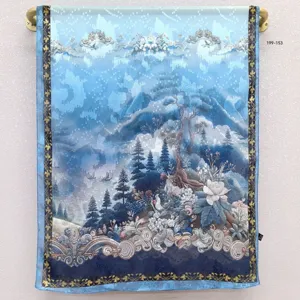 Blue Chinese style silk scarf elegant long ribbon vintage landscape print fashion accessory