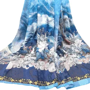 Chinese style blue silk scarf with landscape floral print, elegant summer thin retro ribbon neck scarf.